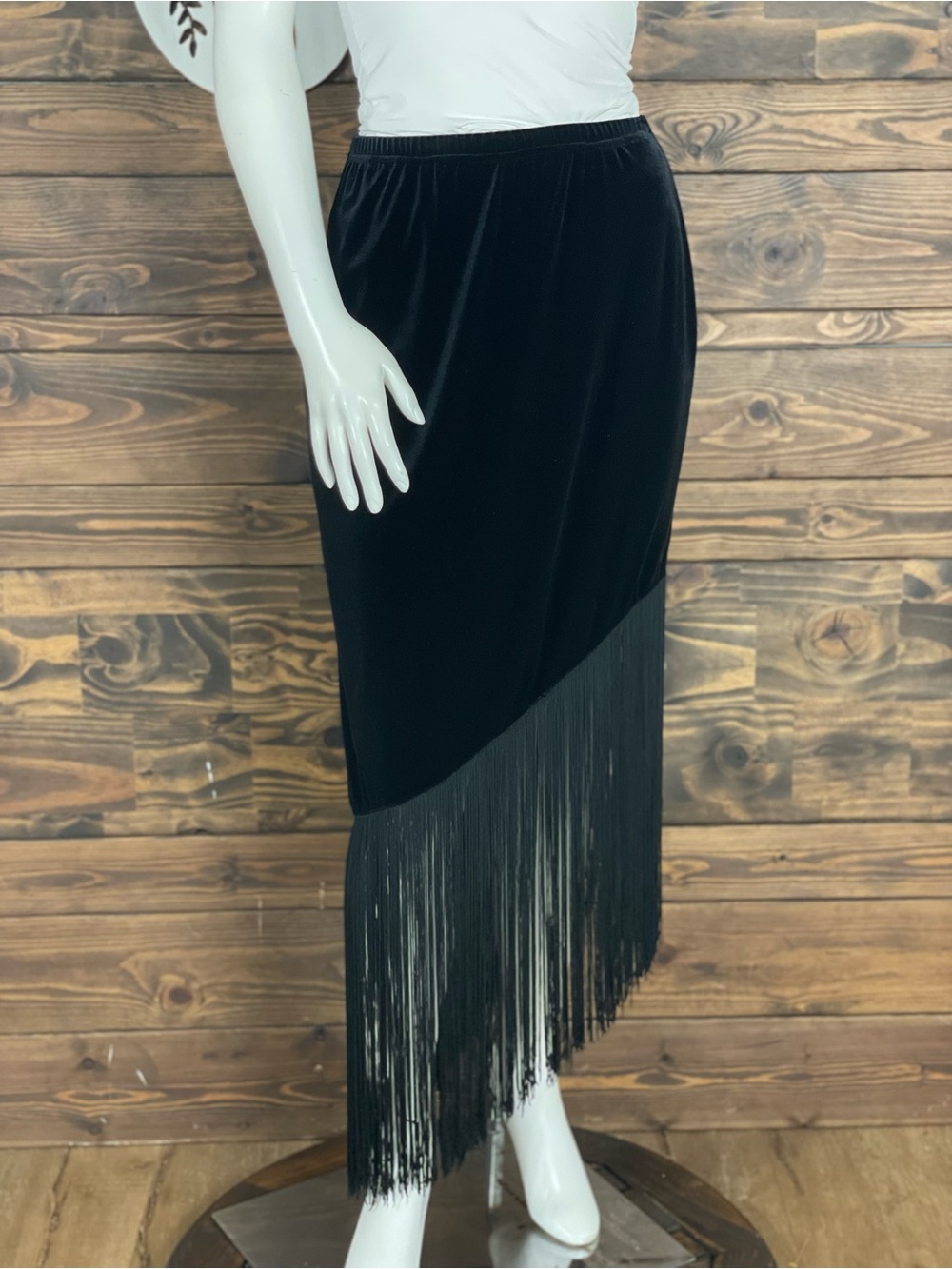 Ronni Nicole | Vintage Asymmetrical Black Velvet‎ Fringe Maxi Skirt
